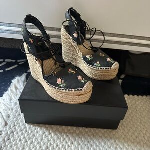 Saint Laurent YSL Grunge Flower-Print Black Leather Espadrille Wedge